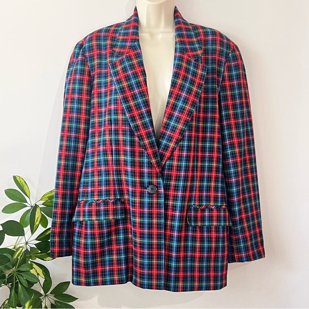 Vintage Tartan Plaid Blazer Womens 10 Red Blue Preppy Academia